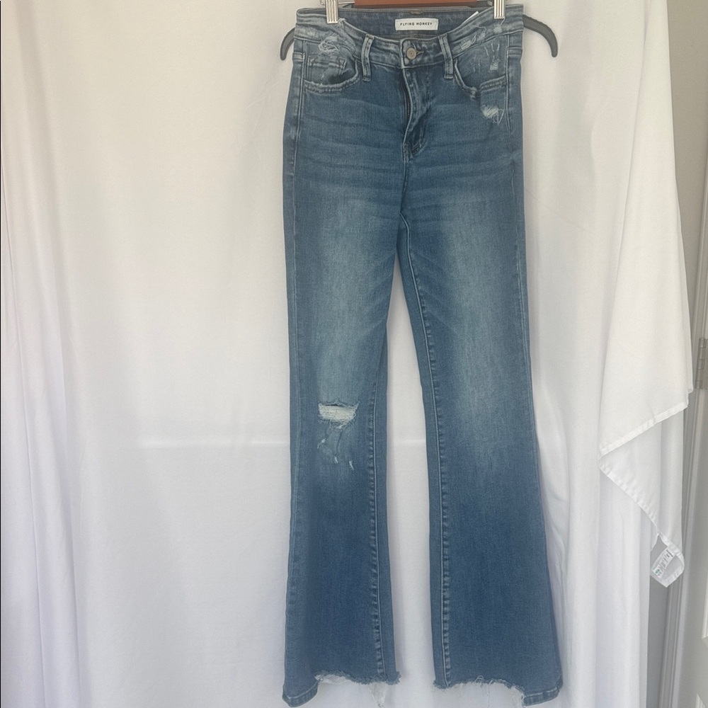 Flying Monkey Medium Blue Flare Jeans with Distressed Knee